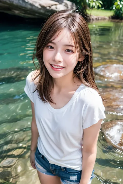 realistic, photogenic, middle length brown hair, beautiful white-colored translucent skin, a little sunburned, slendar figure, small mouth, small nose, smooth shaped jawline, glossy face, realistic figure, no-makeup, natural lip color without lipstick, the...