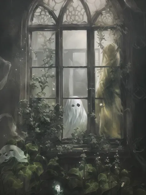 arafed image of a ghost looking out a window in a building, ghost paintings, ghostly, ghostly atmosphere, ghost, ghost room, gho...