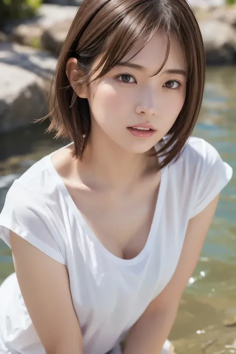 realistic, photogenic, short length brown hair, hair fluttering in the wind, beautiful white-colored translucent skin, a little sunburned, slendar figure, small mouth, small nose, smooth shaped jawline, glossy face, realistic figure, no-makeup, natural lip...