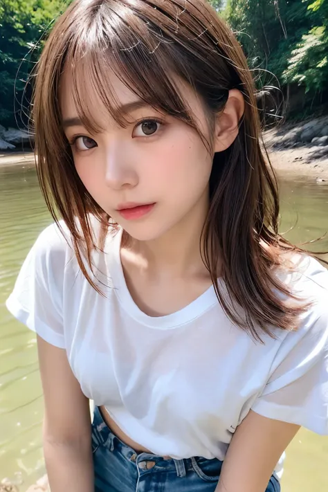 realistic, photogenic, short length brown hair, hair fluttering in the wind, beautiful white-colored translucent skin, a little ...