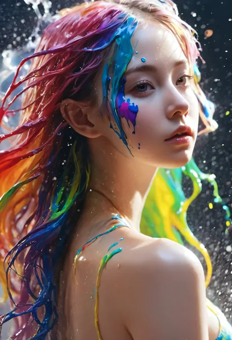 (Level Difference:1.8),(Paints collide and splatter on the canvas),(Depth of written boundary),(Flat Color:1.1,(theme)),1 girl,Poster,14 years old, Young face, Short Hair, Medium bust, (Liquid dye applied to naked skin:1.4), Full body woman love,Strong win...