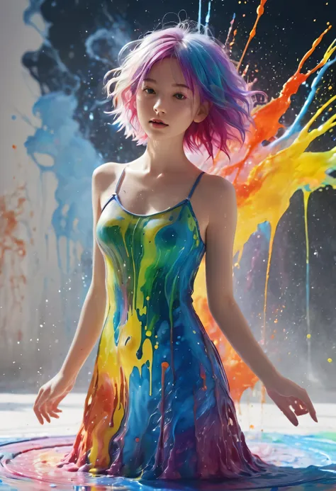 (Level Difference:1.8),(Paints collide and splatter on the canvas),(Depth of written boundary),(Flat Color:1.1,(theme)),1 girl,Poster,14 years old, Young face, Short Hair, Medium bust, (Liquid dye applied to naked skin:1.4), Full body woman love,Strong win...