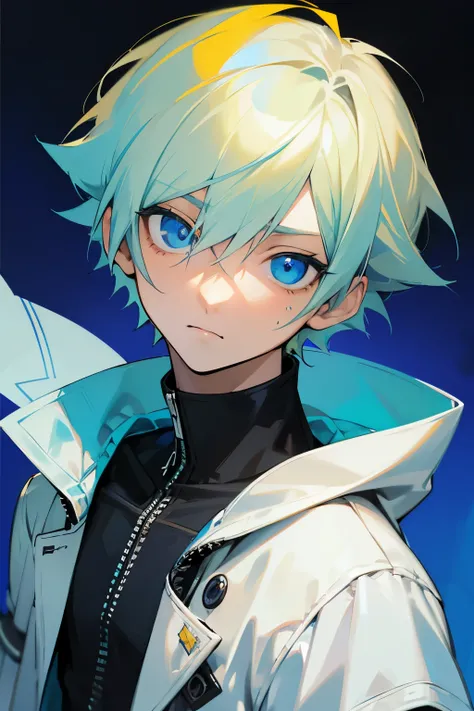 blue eye,yellow hair,young men,portrait,24 age,tetsuya nomura style,short hair,white jacket,halfling
