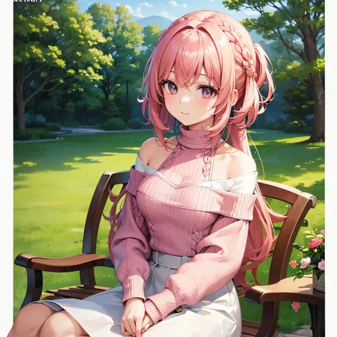 ((Highest quality)), ((masterpiece)), (detailed), One girl, Off-the-shoulder sweater,,cute,low length,Pink Hair