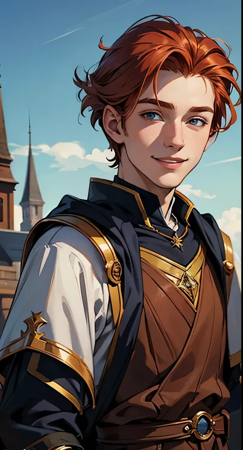 masterpiece:1.2, best quality, ultra detailed, boy human wizard, 16 years old, man, light redhead hair and sky eyes. Aventurer clothes. Smiling. portrait. Library background.