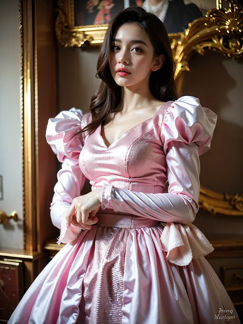 realistic photography, beautiful cute female , pink and white rococo dress eith ruffles and long sleeves,big breasts,long 
,perf...