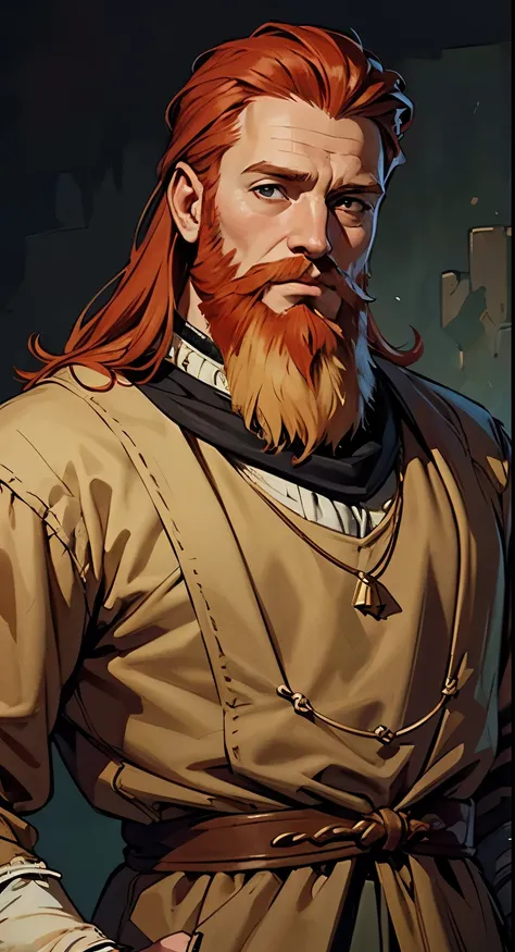 masterpiece:1.2, best quality, ultra detailed, boy human, 45 years old, soft beard, man, light redhead hair. medieval high noble clothes. portrait.