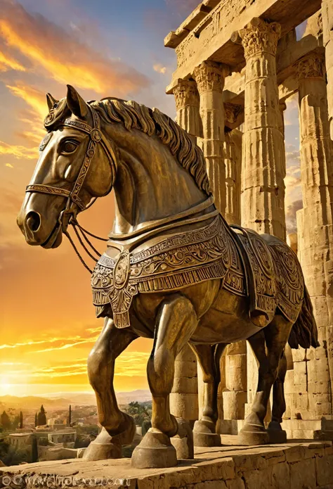 Create a breathtaking and intricate artwork depicting the iconic (Trojan Horse standing majestically within the ancient city of Sparta). Set against the backdrop of a (warm, golden sunset, the enormous wooden horse dominates the scene), its towering height...