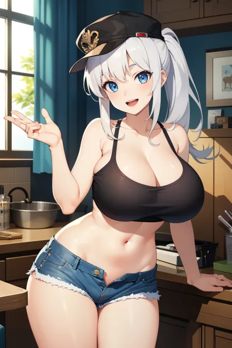 ((Highest quality)), ((masterpiece)), (detailed), One girl, white hair,,huge breasts,open clothes,Tank top,denim shorts,long hair,ponytail,game cg,アニメ,crotch,smile,seductive smile,open mouth,curvy,hat,game cg,アニメ,detailed skin,open clothes,
