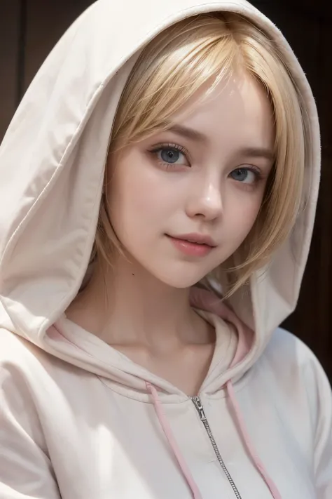 (work of art), (((highest quallity)), (super verbose), 1 , (blonde short hair), white blouse and pink hood,2 years, bangss, ssmile, honey brown eyes. Use of plush , Maximum quality, rich details details, Perfect image quality,