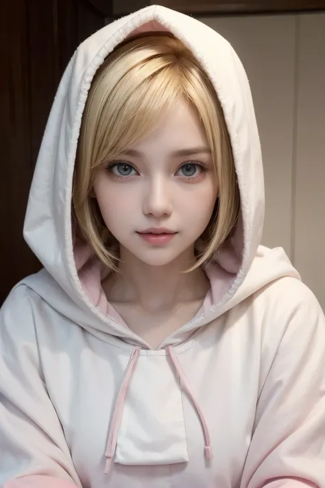 (work of art), (((highest quallity)), (super verbose), 1 , (blonde short hair), white blouse and pink hood,2 years, bangss, ssmile, honey brown eyes. Use of plush , Maximum quality, rich details details, Perfect image quality,