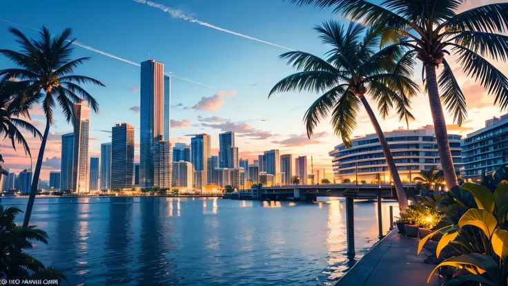 The background shows the iconic Miami skyline, with its imposing skyscrapers rising against a clear, deep blue sky. The sun shines over the city, bathing the buildings in golden tones and reflecting in the calm waters of the bay. Spotlight, Slender palm tr...