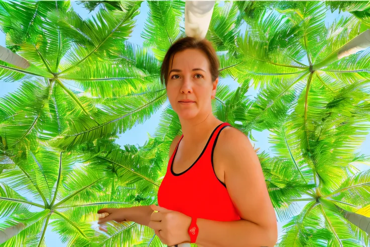 there is a woman in a red top holding a tennis racket, anna nikonova, in a tropical forest, alina ivanchenko, sandra chevier, julia gorokhova, moleksandra shchaslyva, aleksandra waliszewska, mina petrovic, anastasia ovchinnikova, motivational, palm trees i...