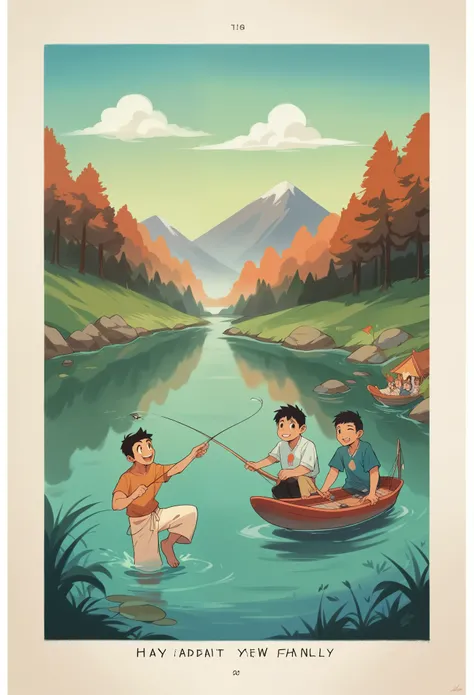 Indonesian family photo poster, stunning surreal design; a 30 year old father with black hair wearing rustic clothes; a 5 year old boy, they are together in a river in the village while fishing, they are happy, love each other, interact with each other, a ...