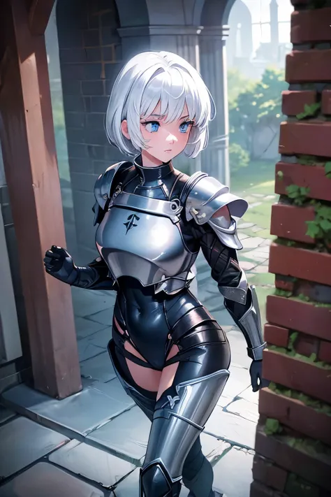 (((masterpiece))), (((best quality))), ((ultra-detailed)), (cinematic lighting), (illustration), (beautiful detailed eyes), (1girl), full body, knight, armour, light hair, best quality, expressive eyes, perfect face, Girl: (20s, white hair, short hair, bla...