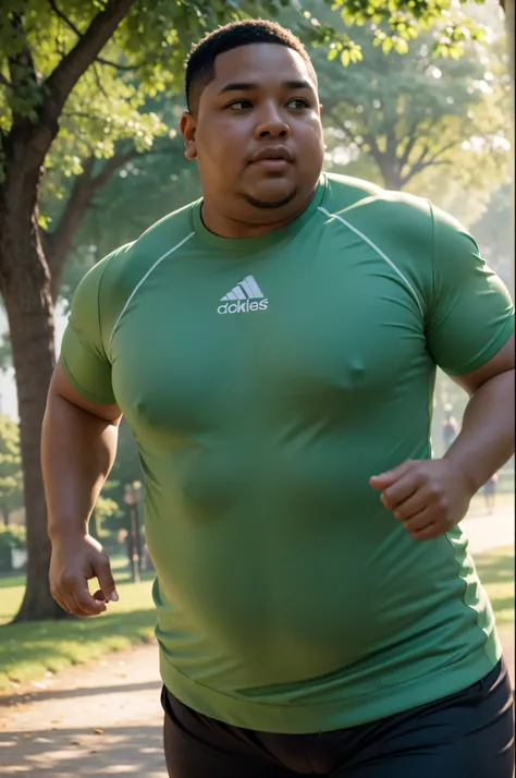 a overweight person jogging in a park, detailed face, soft lighting, photorealistic, 8k, high quality, detailed clothing, sweat beads, detailed facial features, determined expression, dynamic pose, lush green park background, warm color tones