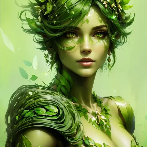 a close-up of a woman with green leaves on her head, goddess of nature, beautiful elegant dryad, artgerm sylvari portrait, goddess of spring, fairy queen of the summer forest, earth goddess mythology, beautiful digital art, portrait of a dryad, beautiful d...