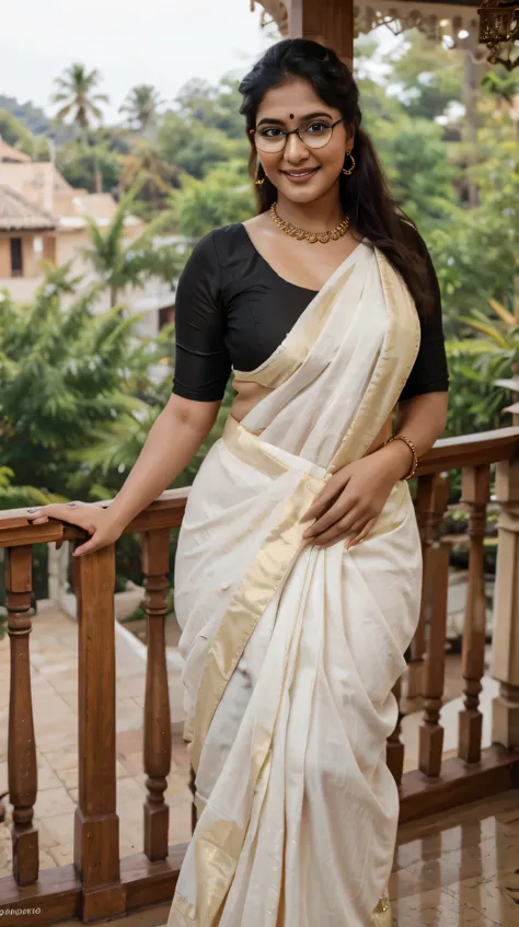 Indian woman wearing wearing (onam saree), (young woman), 25 years old, (curvy figure:1.3), (eyeglasses), (bindi), An Indian beauty, charismatic, light Indian- skin, view the viewer, naughty smile, luxurious villa in background, both eyes are the same, ful...