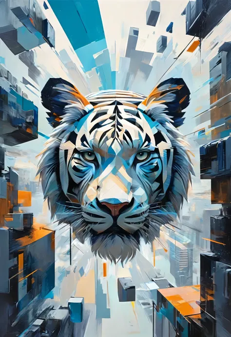 "Visualize a cubist interpretation of a tiger head, floating through the sky above a lively and dynamic street. Decompose the shape of the deer head into geometric shapes and fragmented planes, To capture its movement and energy in a unique and abstract wa...