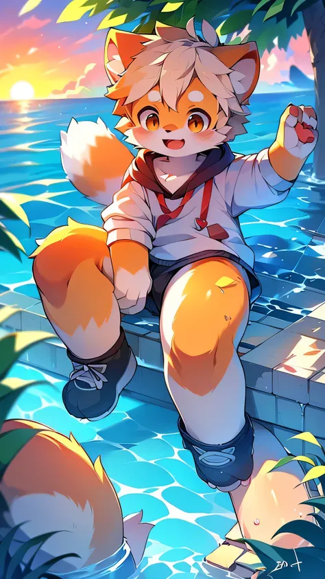 Red Panda Boy,School,student,(Cute characteristics of hoodies) Ultra-fine,Exact details,4K ultra-vivid,Cute Face,Fluffy fur,Furry,Water Play,swimming,Ocean,Cute art style in anime,Pixiv Contest Winners,(Cheerful teenager,15 years old:1.3)sunset,single,alon...