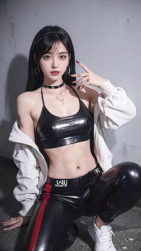 (masterpiece), best quality, HD, 4K, perfect face, black hair, leaked cum, socks, drunken eyes, hetero, torned dirt leather Jacket, hairband, black long hime hair, hime cut, arrogant assassin, collarbone, prostitution, muscular, knee, ABS collarbone, dirty...