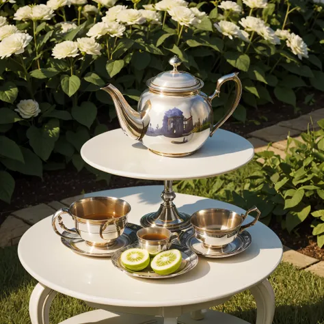 a cup of tea and tea pot, on the silver platter, on the ornamental fancy end table, in the flower field,