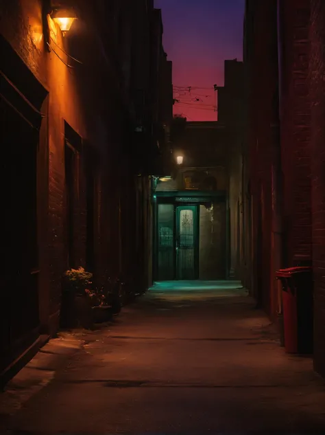 A dark dead end at night, dark alley of american films, There are trash cans at the bottom of this alley 