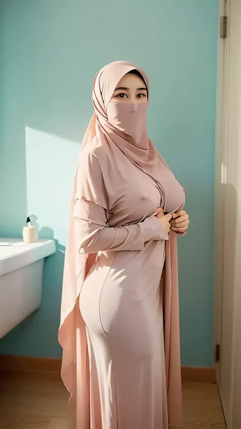  a beautiful young woman hijab, (((super big breast))), (very big breast covered), (Big breast), bare breast, perfect face, (((very huge big breast,))), ((( Big Breast))) long dress muslim, (((covering mouth, long veil))), Slim Face、20 years old, stil youn...