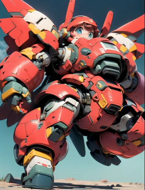 (((1 chibi girl in large red-colored robot costume, from below))), (holding weapons), (((helmet:1.5))), (((looking down:1.4))), ...