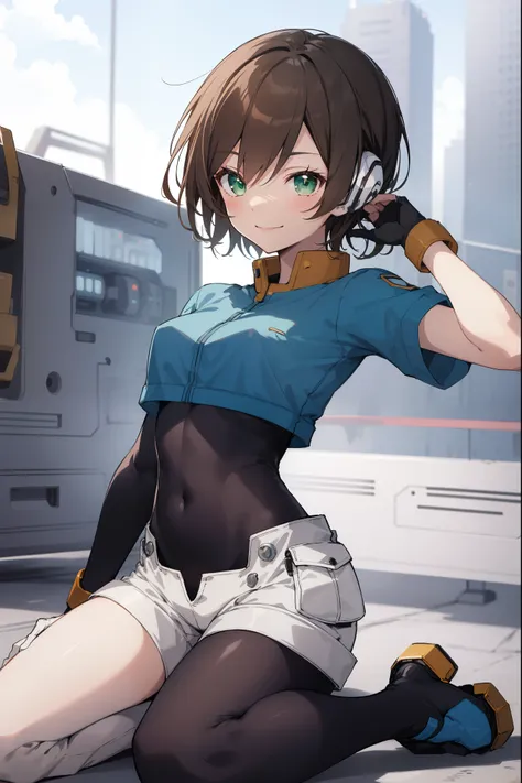 aile_megamanzx, kneeling with one hand on the ground and the other arm raised, 1girl, solo, short hair, brown hair, short sleeves, (bodysuit), robot ears, green eyes, shorts, short sleeves, short over long sleeves, smile, in futuristic city, masterpiece, h...