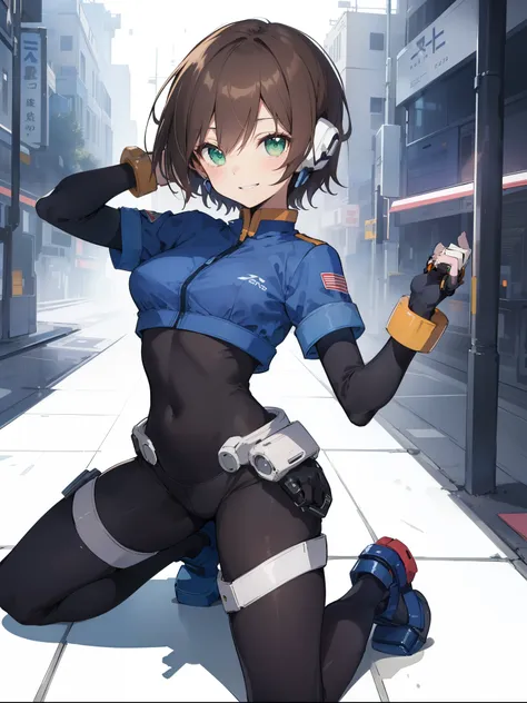 aile_megamanzx, kneeling with one hand on the ground and the other arm raised, 1girl, solo, short hair, brown hair, short sleeves, (bodysuit), robot ears, green eyes, short_shorts, short sleeves, short over long sleeves, smile, in futuristic city, , high q...