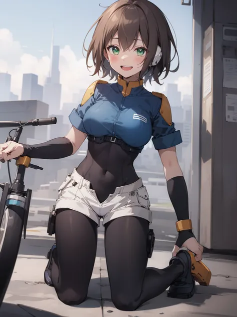 aile_megamanzx, kneeling with one hand on the ground and the other arm raised, 1girl, solo, short hair, brown hair, short sleeves, (bodysuit), robot ears, green eyes, short_shorts, short sleeves, short over long sleeves, smile, in futuristic_city_landscape...