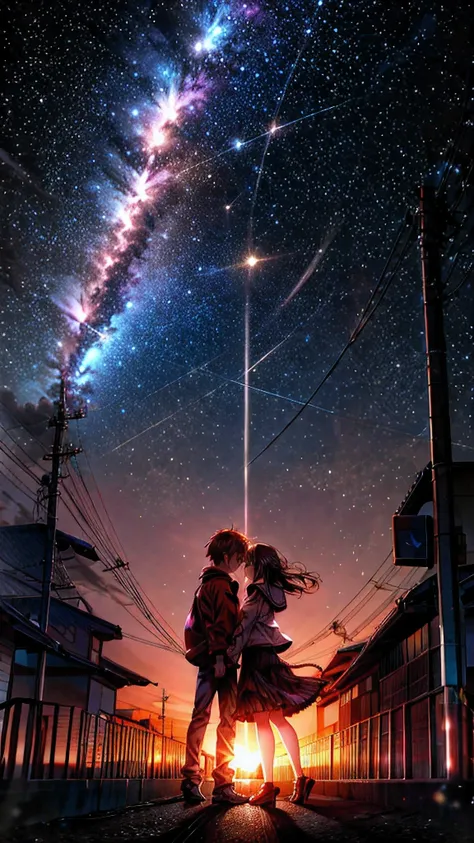 two people, train tracks, space sky, milky way, anime style, light post, small town