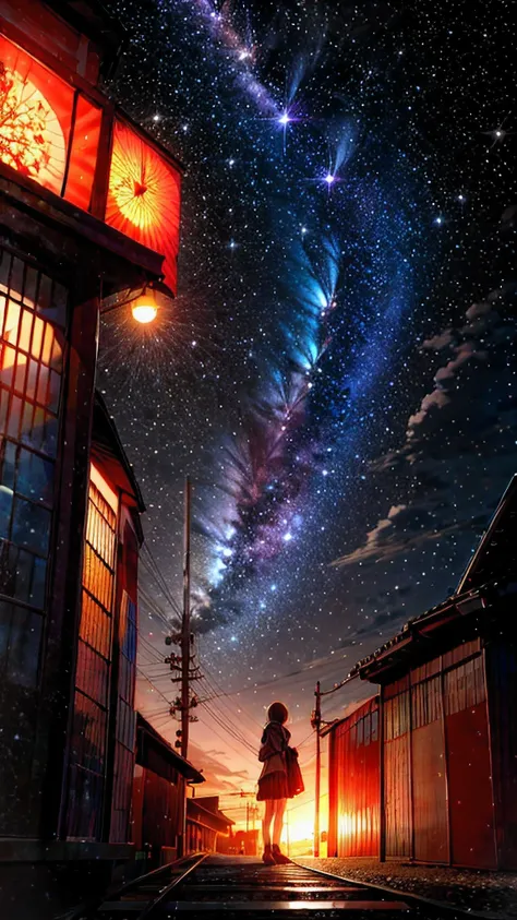 two people, train tracks, space sky, milky way, anime style, light post, small town