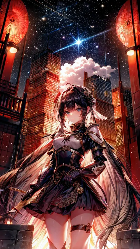 cyber punk、girl standing in front of a japanese castle、holding a sword、i lowered my sword、night（moon、cloud、cloth in the air）grea...