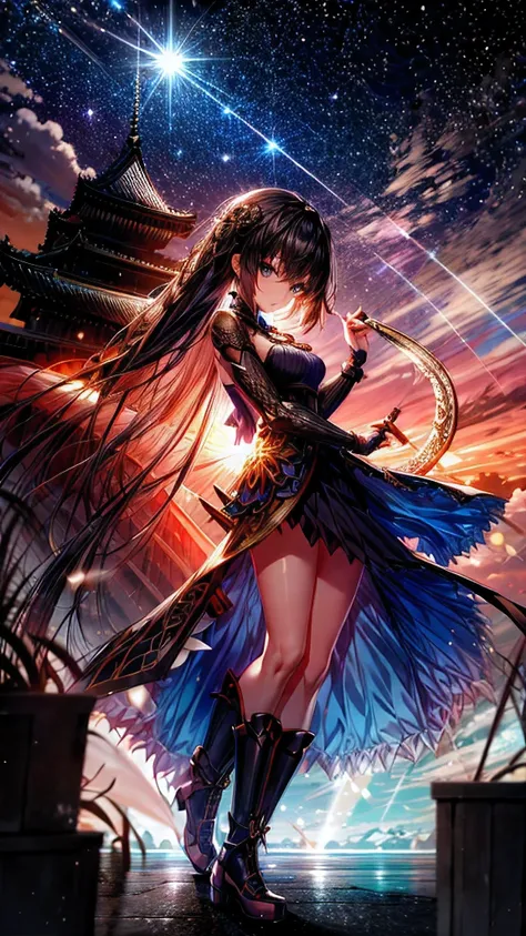 cyber punk、girl standing in front of a japanese castle、holding a sword、i lowered my sword、night（moon、cloud、cloth in the air）grea...