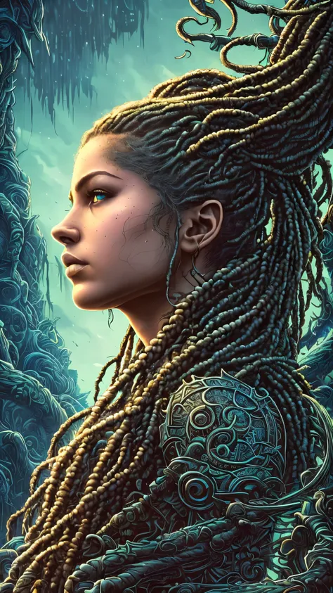 Correction in the eyes, in profile (beautiful girl, 18 years old, looking at the horizon, with flowing dreadlocks :1.1) portrait, dark forest, waterfall, romantic sunset, sharp symmetrical artistic art, dan mumford style, hdr, realism, dark fantasy atmosph...