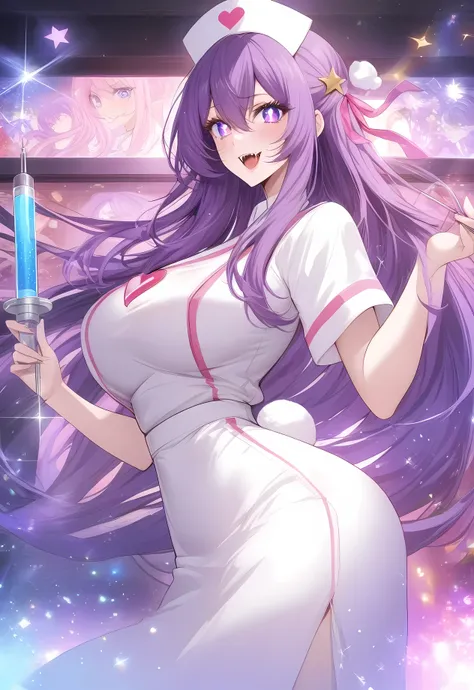 masterpiece, best quality, very aesthetic, absurdres, 1girl, mature_lady,nurse_clothes, nurse_hat,heart,holding a giant syringe,...