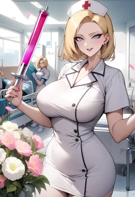 masterpiece, best quality, very aesthetic, absurdres, 1girl, mature_lady,nurse_clothes, nurse_hat,heart,holding a giant syringe,...