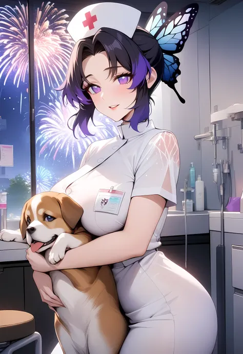 masterpiece, best quality, very aesthetic, absurdres, 1girl, mature_lady,nurse_clothes, nurse_hat,heart,holding a dog,,indoors,i...