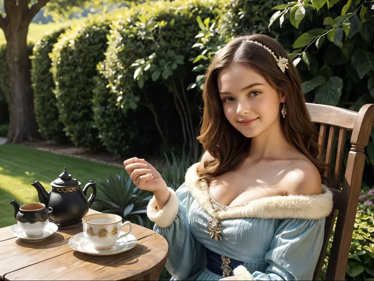 1girl, sitting on chair, outdoor, long messy dry hair, wearing a witch robe, a cup of tea and tea pot, on the silver platter, on...