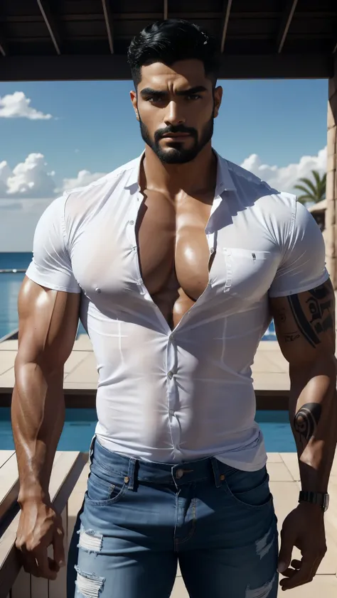 latin man, he is 30 years old. Man has undercut straight black hair, gorgeous face, bodybuilder, perfectbody, pele oleada, detailedeyes, detailed hands. has a tattoo on his right arm. white  shirt, jeans. Very high quality photography, 8k, taken from a Can...