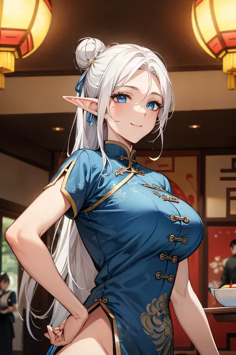 Highest quality,Masterpiece,8K,China Long Dress,Big Breasts,Best Style,Droopy eyes,A sparkling smile,white Hair,Hair Bun,Chinese restaurant,waiter,elf ears, blue eyes