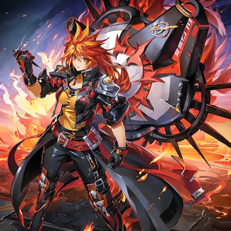 anime character with red/yellow hair and black leather jacket,anime art, guilty gear art style, yugioh artwork, high detailed official artwork,large breasts,flaming background,1 girl, solo