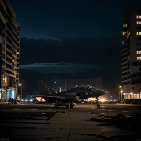 Abandoned fighter jet destroyed on the runway between buildings in the city night post apocalyptic dark war