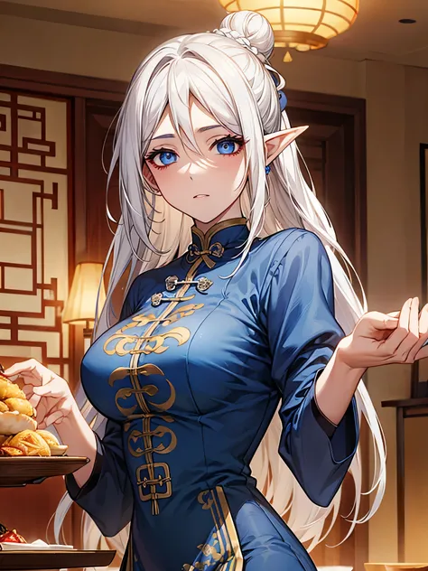 Highest quality,Masterpiece,8K,China Long Dress,Big Breasts,Best Style,Droopy eyes, glowing beautiful eyes, blue eyes,white Hair,Hair Bun,Chinese restaurant,waiter,elf ears