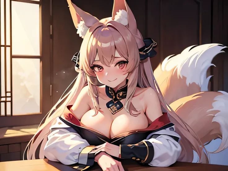 ((best quality)), ((masterpiece)), (detailed), 1 Girl, Off-shoulder ,Smile,Long hair,gentle,Anime style,big eyes,K cup,Revealing clothes,Chinese,Low collar,Fox ears,Mature,Sexy,blush,Foxman,Showing breasts,Combing the tail