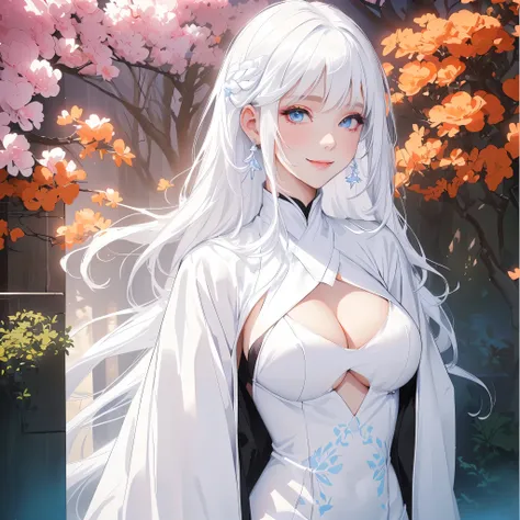 anime girl com longos white  hair and blue eyes wearing a white dress, white  hair deity, de white  hair, with white hair, white  hair, white  hair lady, com longos white  hair, sexy cleavage outfit, black clothing, beatiful , transparent black clothing, b...