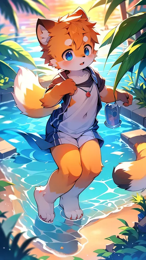 Red Panda Boy,School,student,Ultra-fine,Exact details,4K ultra-vivid,Cute Face,Fluffy fur,Furry,Water Play,swimming,Ocean,Cute art style in anime,(14-year-old boy)sunset,single,alone