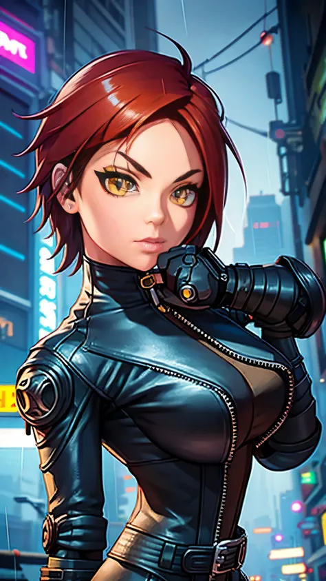 biker girl, motorcycle, Leather garment, Short hair, yellow glowing eyes, Dark colors, leather waist, ultra detailed face, long eyelashes, skinny, Cyberpunk, Neon lights, Red hair, long boots, tightsuit, Night, the city street, mitts, rain